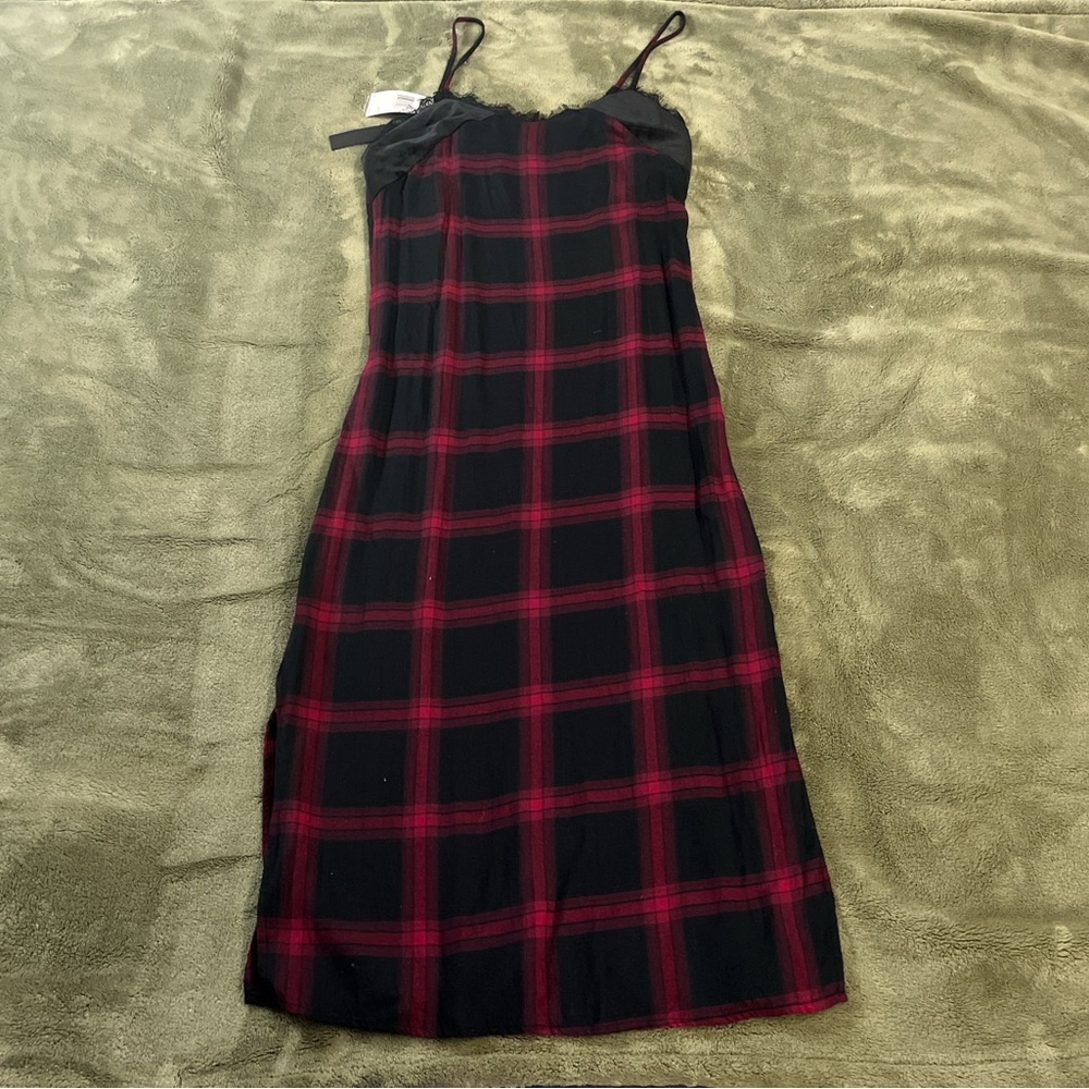 Black and red plaid dress with lace detailing